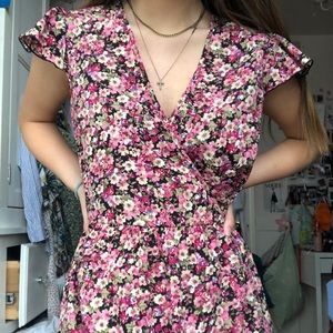 SOLD pink black floral wrap mini dress